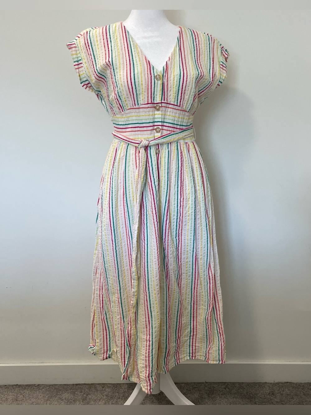 LOFT White Midi Dress with Rainbow Stripes